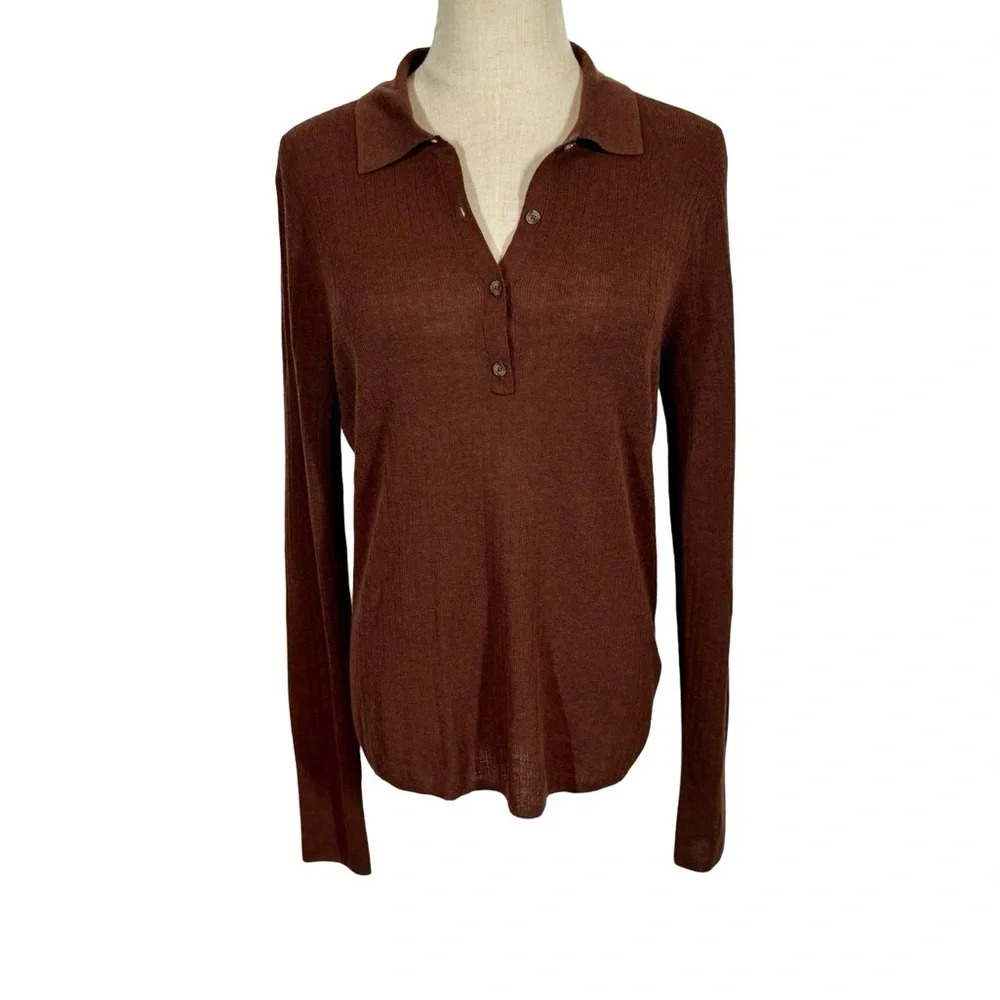 Reiss Women’s Ribbed Henley Sweater in Dark Brown - Picture 6 of 12